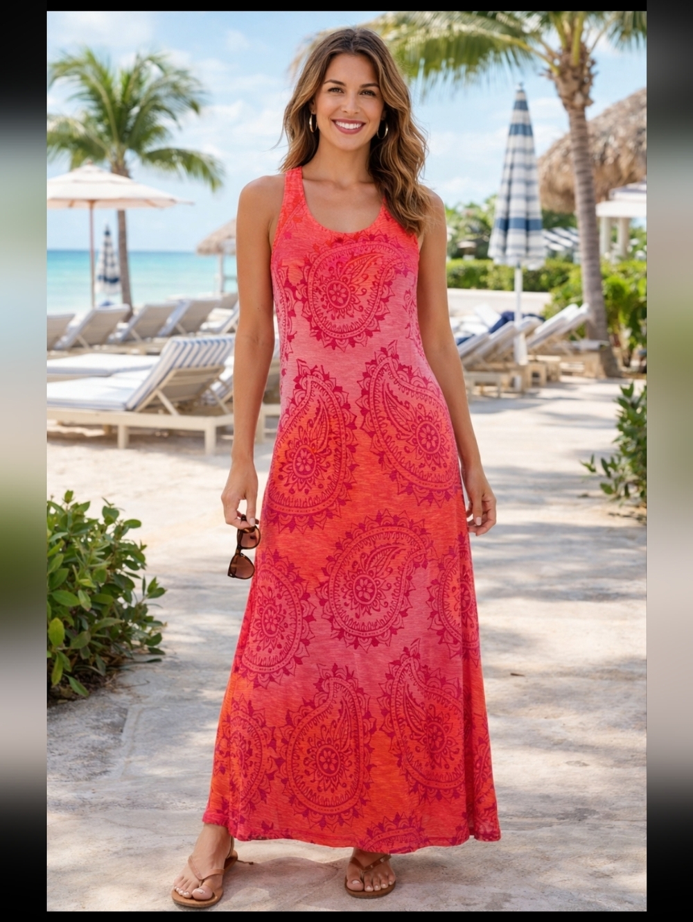 Tommy Bahama Sunset Paisley Maxi Dress NWT Pink Orange Sleeveless Racerback M